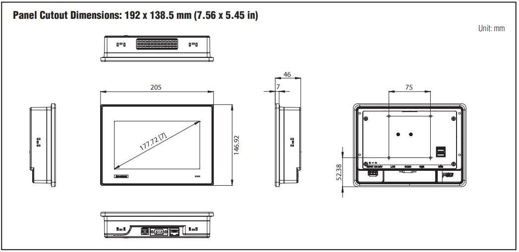 Technische Zeichnung - Advantech TPC-71W 7-Zoll-Touch-Panel-Computer (17,78 cm)